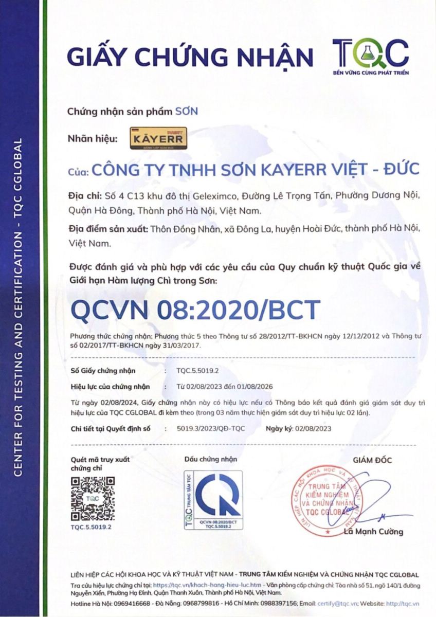 Chứng nhận QCVN 08:2020/BCT của Công ty Sơn Kayerr